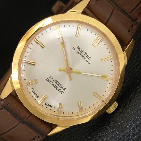 Vintage 1977 Montine Of SwitzerlandManual Mens Gold Watch W/Leather Strap